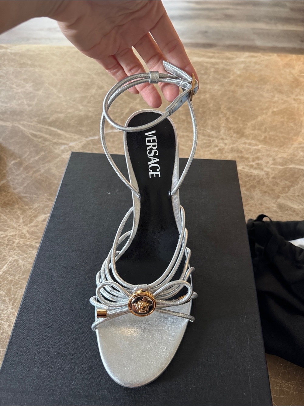 Versace Silver Metallic Ankle-Strap Sandal with Gold Medusa Accent